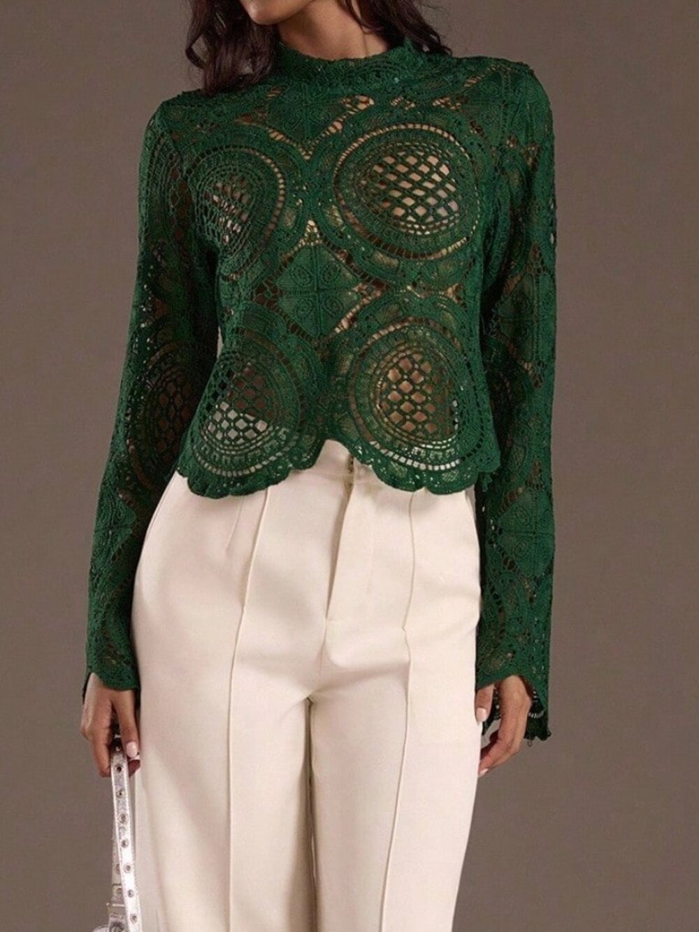 Dark Green Casual Women's Long Sleeve See-Through Top - Picture 5 of 6